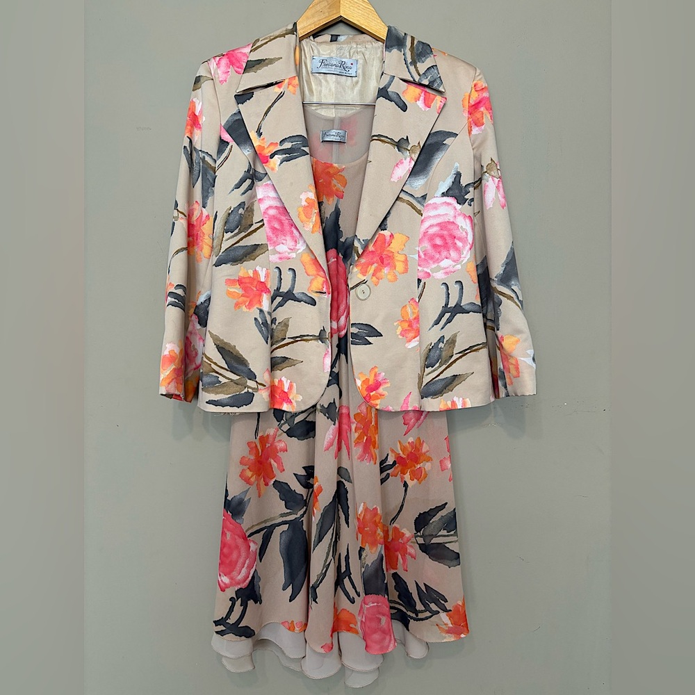 FONTANA ROSA Vintage Handmade in Italy Two-Piece Floral Dress & Blazer Set